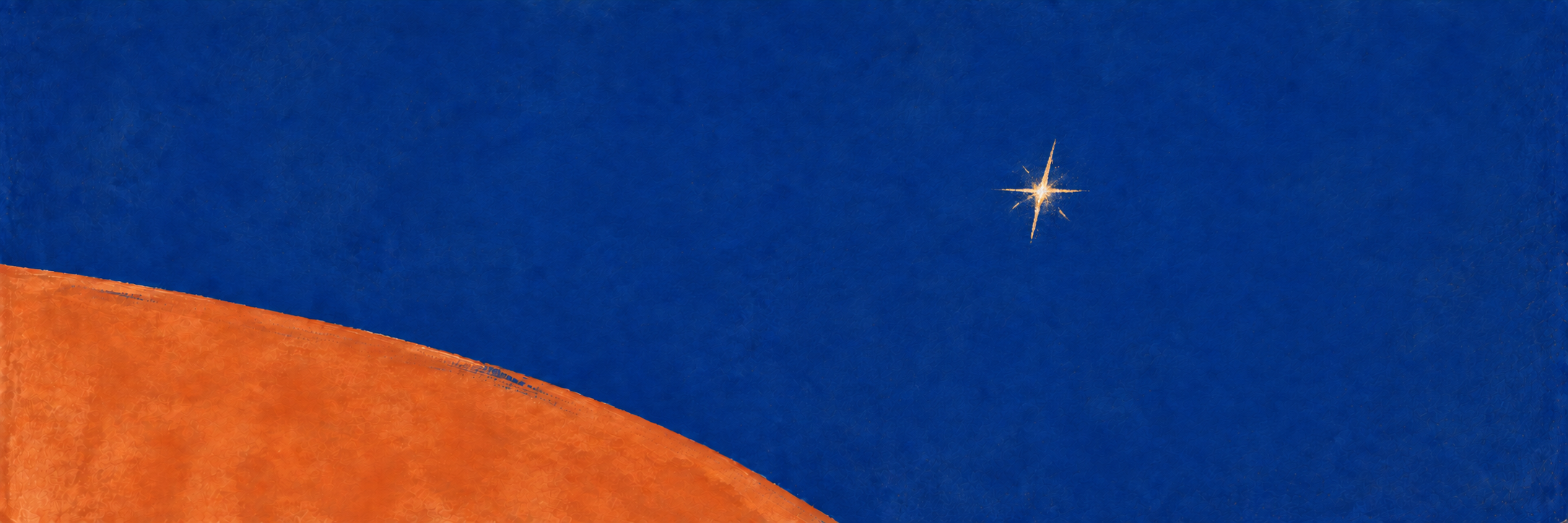 A single bright star in a broad blue field above a sweep of orange.