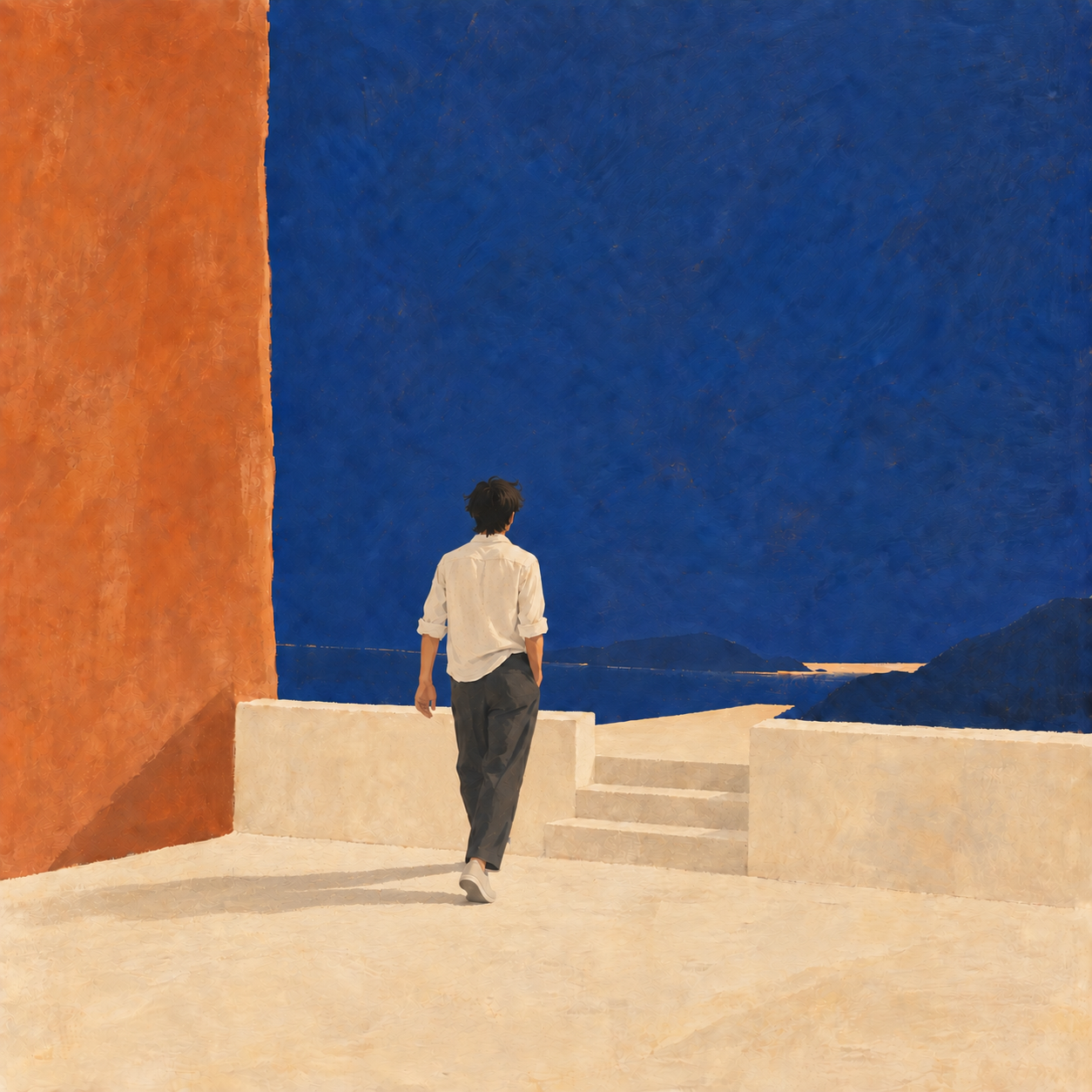 Seen from behind and slightly closer, the figure walks towards a gap and steps in the cream terrace wall.