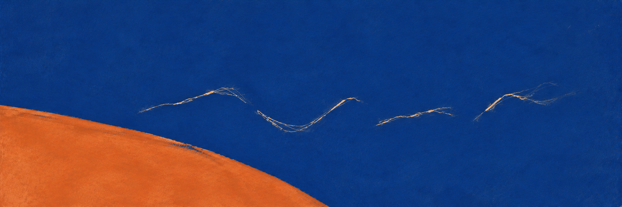 Separate gold route fragments rise and fall across a blue field above an orange slope.