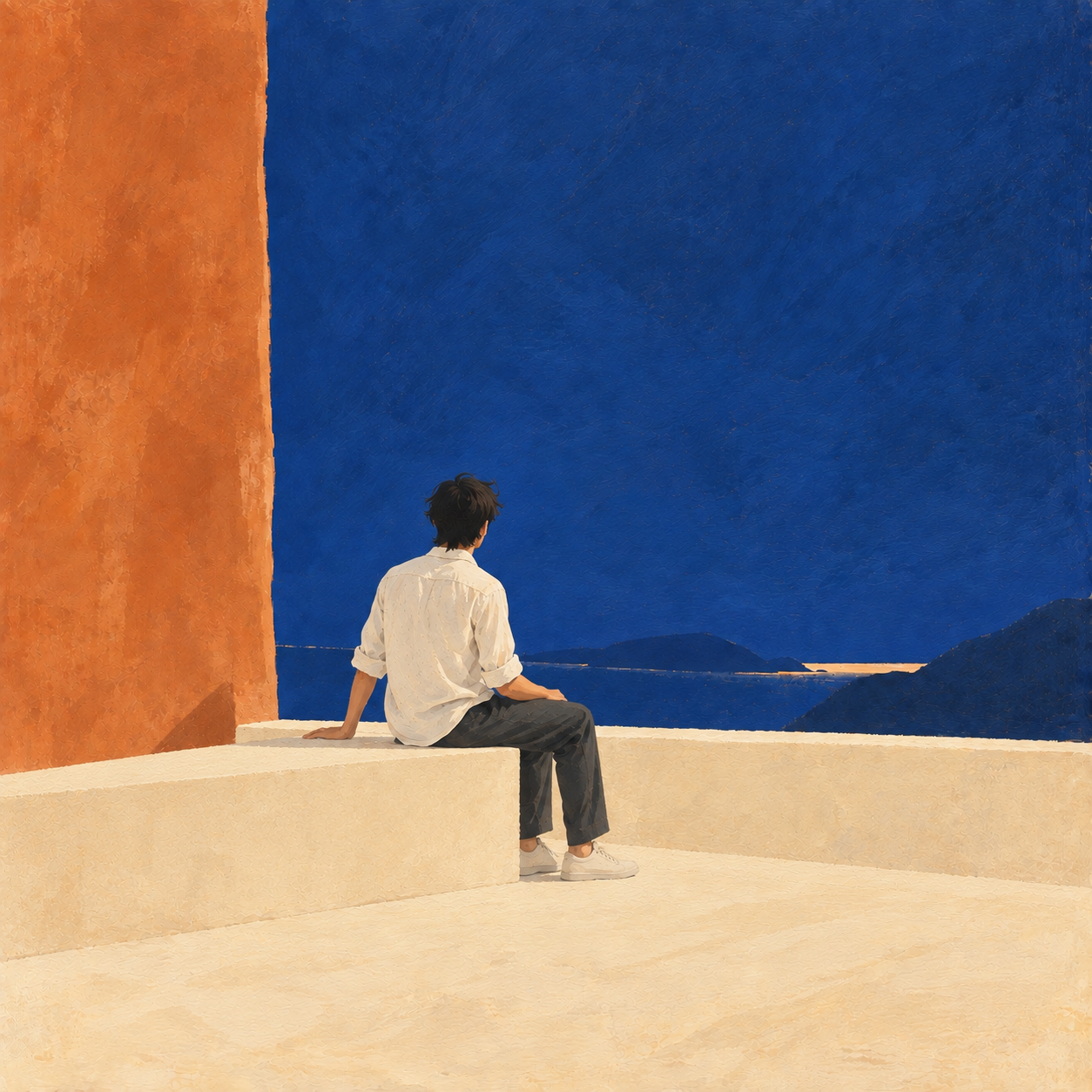 A closer view of the figure sitting at ease on the cream wall, one hand resting beside them as they look towards the blue sea.